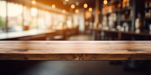 Blurred coffee shop background with an empty wooden table for product display.