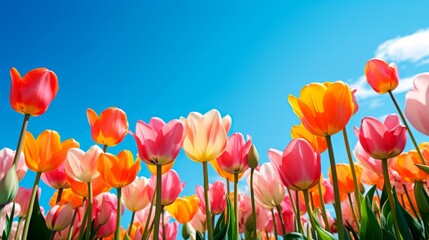Obraz premium Banner field of blooming colorful tulips in the Netherlands a blue sky background. First spring flowers. Spring time.
