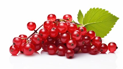Fresh Red Currants with Green Leaf on White Background. Perfect for food advertisement, nutrition article, grocery promotion, culinary website, print media, store, supermarket, shop