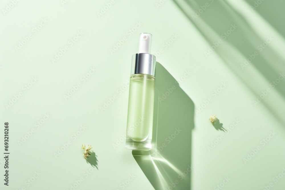 Poster a bottle of green liquid sitting on top of a table next to a shadow of a flower on a light green sur