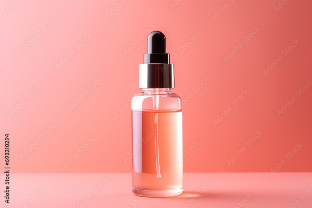 Poster a bottle of liquid with a dropper on a pink background with a dropper on the top of the bottle and a