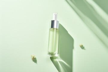  a bottle of green liquid sitting on top of a table next to a shadow of a flower on a light green surface with a shadow from the top of the bottle.