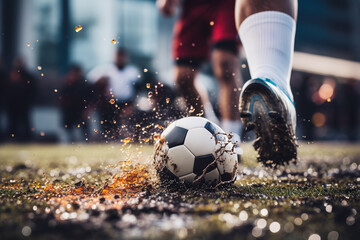 Close-up of a soccer players boot hitting a soccer ball. Generative AI