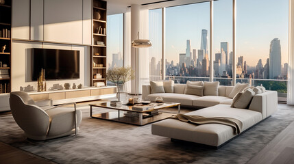 Contemporary urban living room in a luxury apartment with floor-to-ceiling windows, custom-designed furniture, and a neutral color palette, creating a modern and inviting environment.