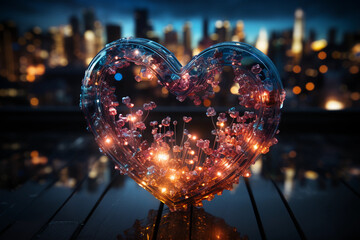 Blurred city lights in the shape of hearts on a dark background, ai generative