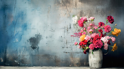 A bouquet of flowers in an old ceramic vase on a wooden table on a blue-gray concrete background with worn and cracked paint with copy space.