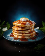 Classic Pancake Breakfast on a Blue Plate Delicious Diner Cafe Restaurant Menu Photo of a Homemade Healthy Organic Meal 