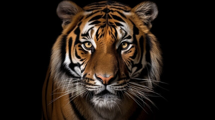 Front view of Sumatran tiger isolated on black background. Panthera tigris sumatrae. generative ai