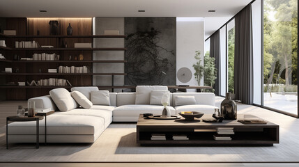 Modern living room interior with an aesthetic touch, showcasing clean lines, contemporary furniture, and carefully curated decor, creating a visually stunning and comfortable space.