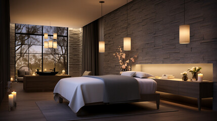 Modern massage room bathed in warm candlelight, featuring sleek furnishings, subtle decor, and a calming color palette, providing a peaceful retreat.