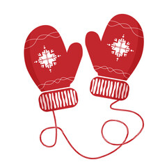 Knitted mittens with a pattern vector illustration. A pair of red mittens with a snowflake.