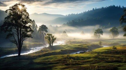  a river running through a lush green field next to a forest filled with lots of trees on a foggy day with sun shining down on the mountains in the distance.