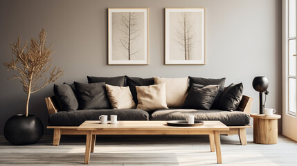 Realistic and inviting, an HD photo showcasing a wooden sofa with dark pillows in a Scandinavian-inspired living room, blending modern aesthetics with comfort.