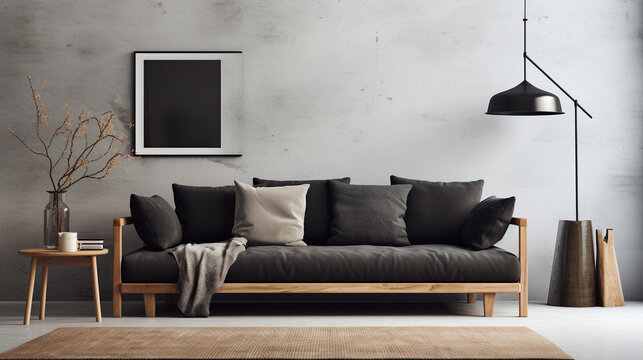 Realistic and inviting, an HD photo showcasing a wooden sofa with dark pillows in a Scandinavian-inspired living room, blending modern aesthetics with comfort.