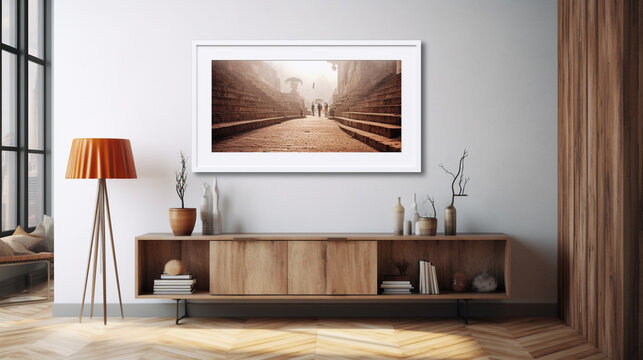 Realistic and inviting HD photo showcasing a frame mockup in an interior, illustrating its potential for enhancing the visual appeal of the space through customizable displays.