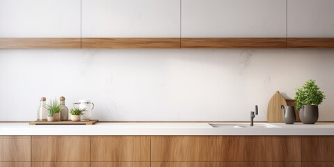 Contemporary interior with white worktop and wooden kitchen cabinets.