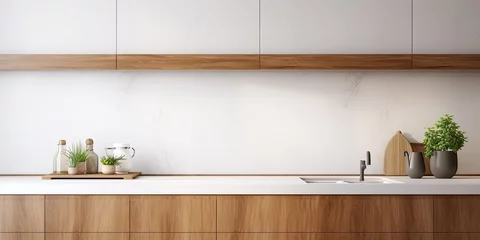 Foto op Plexiglas Contemporary interior with white worktop and wooden kitchen cabinets. © Vusal