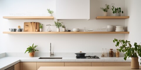 Minimalist, environmentally conscious kitchen with open shelving and white accents.