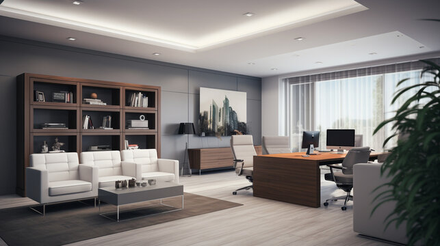 Sophisticated modern office design with a minimalist approach, clean lines, and a neutral color palette, creating a calm and professional atmosphere conducive to focused work.