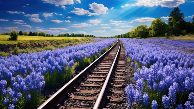  a train track in the middle of a field with blue flowers in the foreground and a sunburst in the sky in the middle of the middle of the picture.