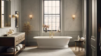 Fotobehang Timelessly chic bathroom featuring honed marble walls, a freestanding tub, and brass fixtures, exuding a sense of understated luxury. © Zeeshan Qazi