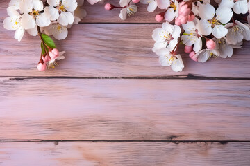 Naklejka na ściany i meble Blooming tranquility, Peach flowers on branches against a wooden backdrop, a serene composition with text space, perfect for stock photo messages.