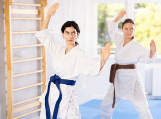 Women in kimonos are focusing on their hand punch training, refining their striking techniques.