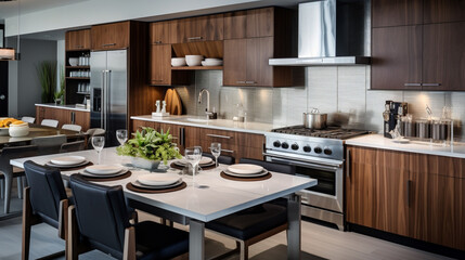 Witness the sophistication of culinary design a?" a luxury apartment kitchen with stainless steel appliances, a feast for the eyes in high definition.