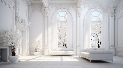 A classic interior with a pristine white wall, providing a sense of purity and allowing other...