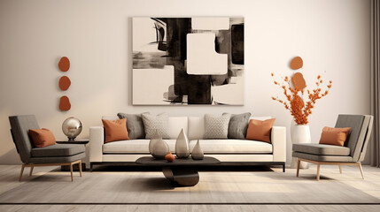 Aesthetic composition of a contemporary living room with minimalist design, statement furniture pieces, and artistic accents, creating a sophisticated and visually pleasing space.