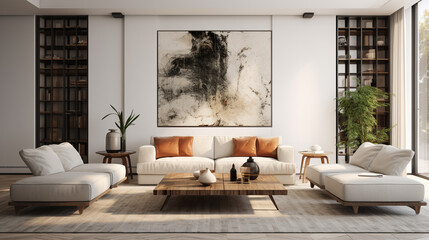 Aesthetic composition of a contemporary living room with minimalist design, statement furniture pieces, and artistic accents, creating a sophisticated and visually pleasing space.