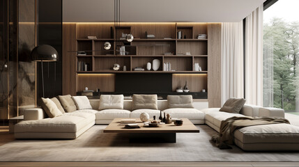 Aesthetic composition of a modern living room featuring sleek furniture, neutral tones, and carefully selected decor, creating a visually pleasing and sophisticated atmosphere.