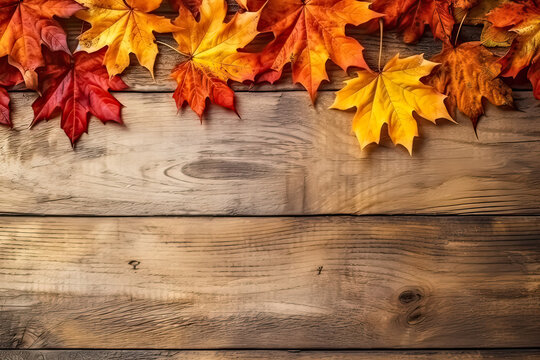 Autumn canvas, Yellow maple leaves on a wooden background, offering text and design space. A warm and versatile concept capturing the essence of fall in stock photos.