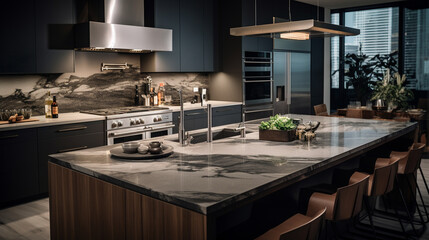 A close-up exploration of culinary sophistication a?" a luxury apartment kitchen featuring stainless steel appliances, captured in breathtaking high definition.