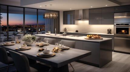 An HD glimpse into the heart of luxury living a?" a modern kitchen adorned with stainless steel appliances, a harmonious blend of style and function.