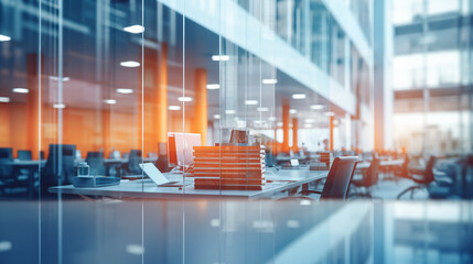 Beautifully blurred background of a bright modern office, highlighting the sleek architecture,...