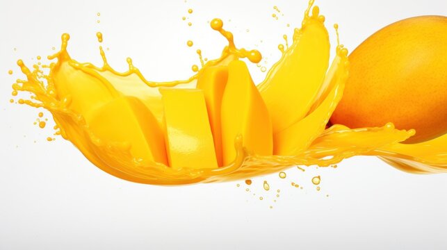  a yellow liquid splashing out of a banana and a piece of orange on a white background with a splash of orange juice on the bottom of the image and a white background.