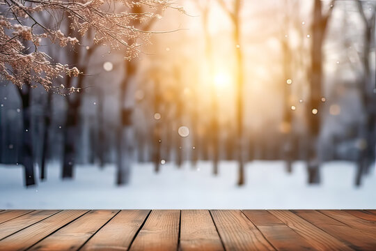 Winter serenity, Wooden table against a snowy landscape, offering text and design space. A tranquil and versatile concept for captivating stock photos.