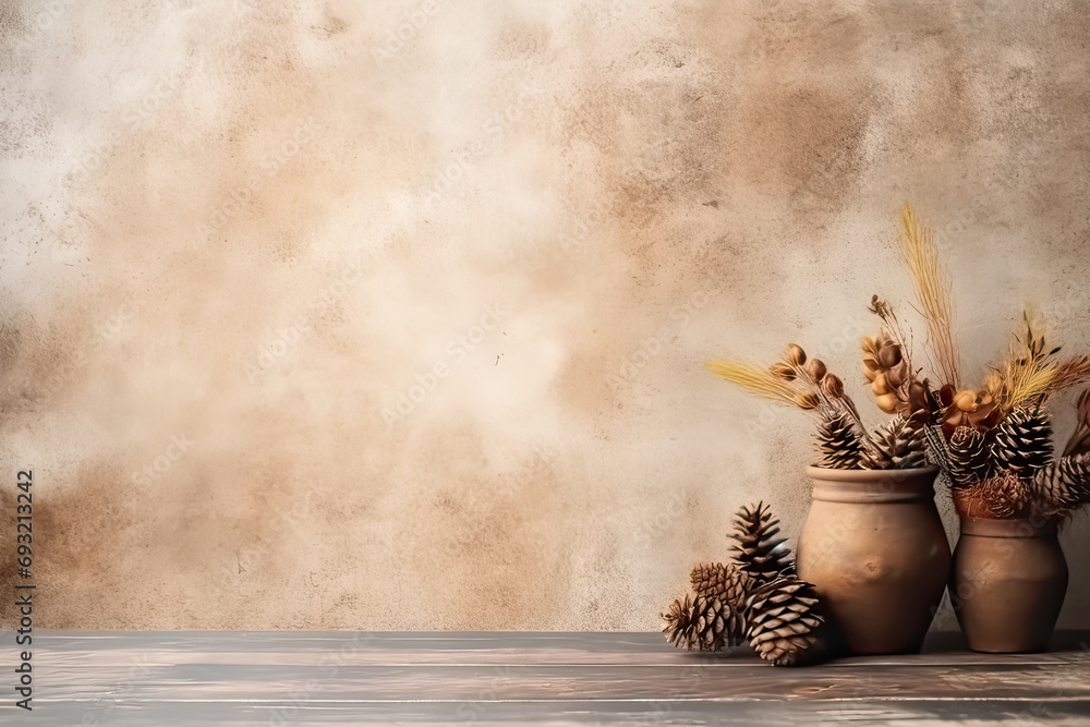 Aufkleber natures charm, fir cones on a wooden background, providing space for text and design. a rustic and v