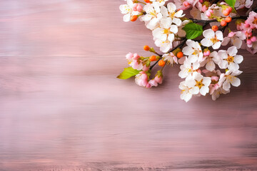 Blooming tranquility, Peach flowers on branches against a wooden backdrop, a serene composition with text space, perfect for stock photo messages.