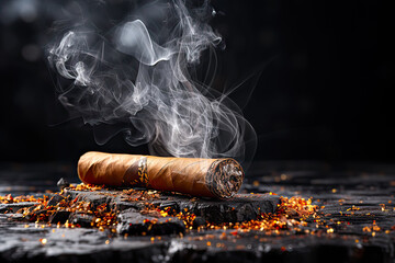 Dark allure, Smoldering cigar on a mysterious dark background, a captivating and dramatic concept for creating intriguing stock photos