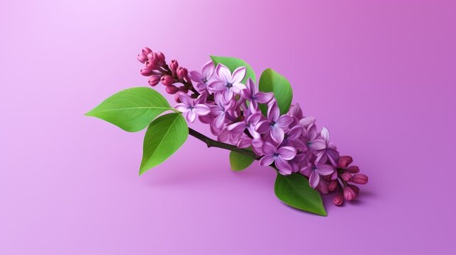  a branch of lila flowers with green leaves on a purple background with copy - space for text or image stock photo - budget - free, code, order only.