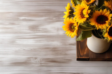 Fototapeta premium Sunlit warmth, Sunflowers in a vase on a wooden background, a radiant composition with text space, capturing the essence of rustic charm in stock photos.