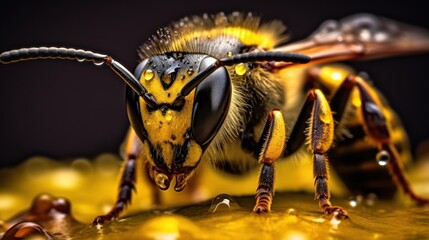  a close up of a yellow and black bee on a piece of yellow and brown material with drops of water on the bottom of its wings and back of its wings.