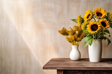 Sunlit warmth, Sunflowers in a vase on a wooden background, a radiant composition with text space, capturing the essence of rustic charm in stock photos.