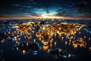 Glowing horizons, World map illuminated with vibrant neon, a visually striking and modern concept...