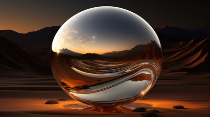 round fish eye lens effect, desert sand dunes reflecting in the metallic ball. Generative AI - obrazy, fototapety, plakaty