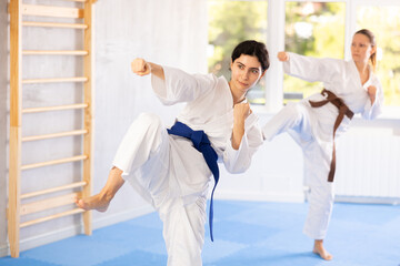 Young woman and adult female karateka practicing karate techniques in gym