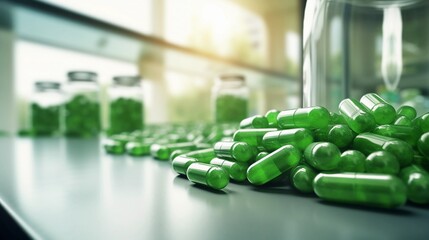 Pills and capsules in jars, green pills on the table in the laboratory