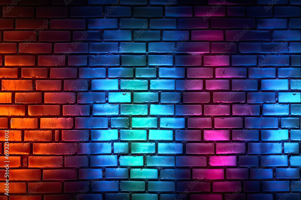 Poster vivid vibes, neon lit brick wall, a dynamic backdrop with space for text and design. an electrifying